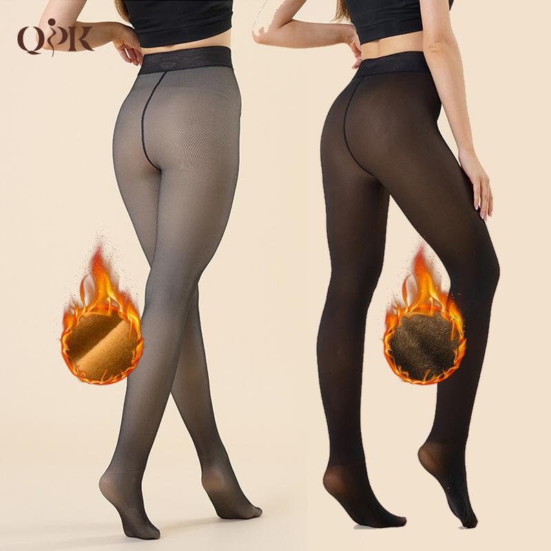 QPK Women Winter ONE LINED Tights Fake Fleece Tights  Fleece lined Leggings Fake Transparent Thermal Pantyhose Elastic Skinny Pants