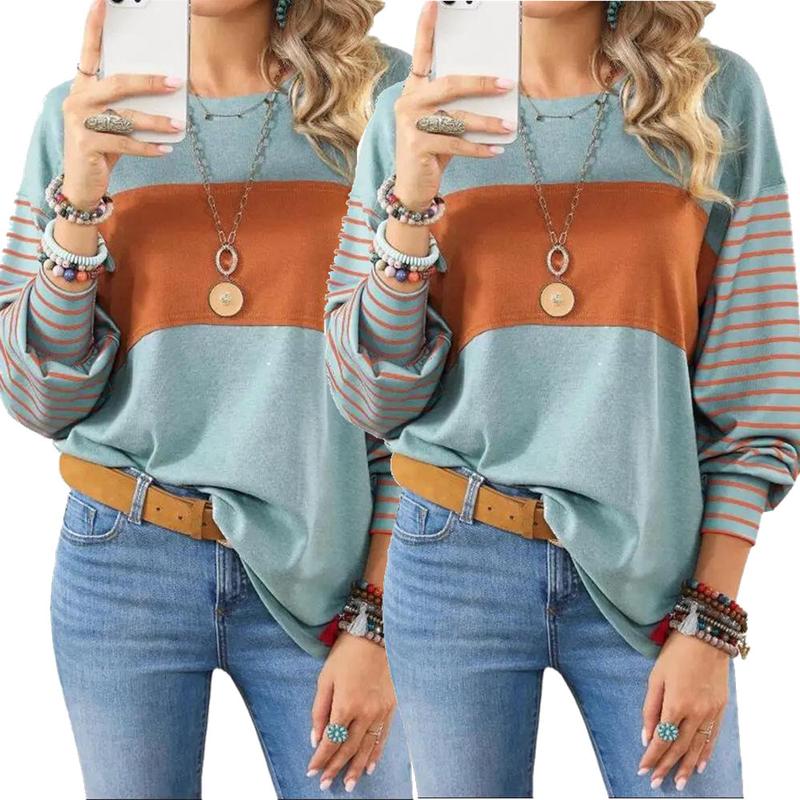 2 Pack Long Sleeve Fall Tops Oversized 2024 Trendy Round Crew Neck Casual Color Block Womens Shirts Blouses