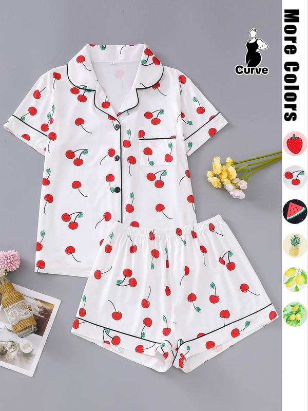  Two-Piece Set Fruits Print Lapel Neck Button Front Pocket Shirt & Shorts Pyjama, Casual Comfy Short Sleeve Top & Elastic Waist Shorts PJ Set, Women's Sleepwear for Summer