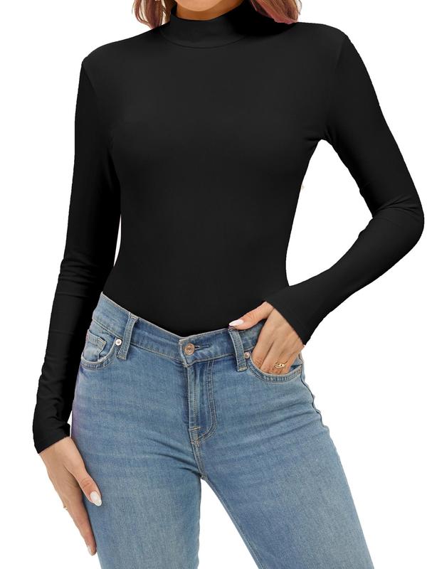 Women's Solid Color Mock Neck Long Sleeve Bodysuit, Basic Casual Comfy Bodysuit for Daily Wear, Ladies Clothes for All Seasons