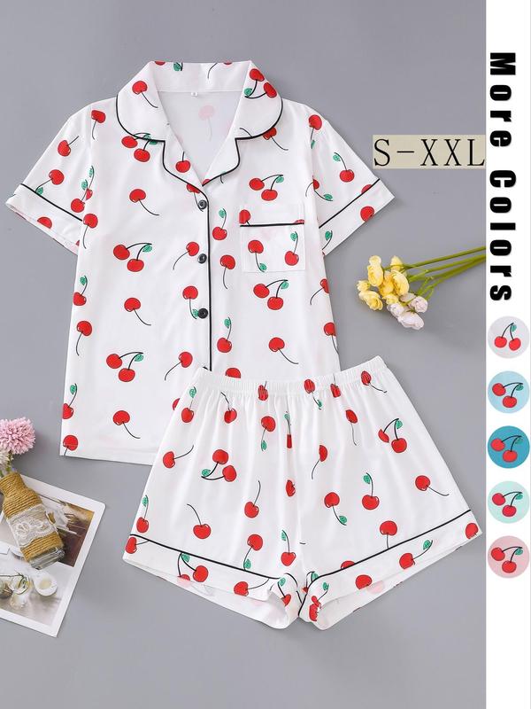 2 Piece Set Women's All Over Cherry Print Lapel Collar Pocket Shirt & Elastic Waist Shorts Pyjama Set, Casual Comfortable Contrast Binding Button Front Top & Shorts Pj Set, Pajama Sets Women, Ladies Sleepwear for Summer