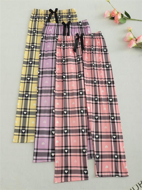 Women's Plaid & Heart Print Bow Decor Pajama Pants, Casual Comfy Elastic Waist Sleep Trousers for Daily Wear, Ladies Sleepwear for All Seasons