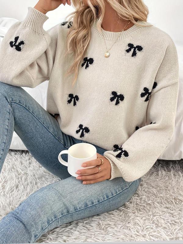 Women's Bow Print Drop Shoulder Sweater, Casual Long Sleeve Round Neck Jumper for Fall & Winter, Fashion Ladies' Knitwear for Daily Wear