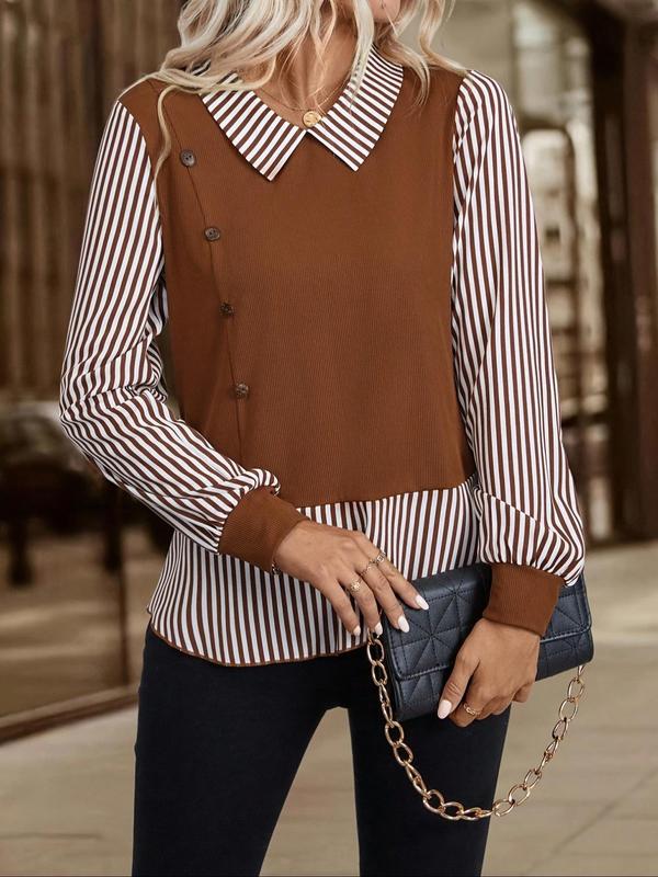 Women's Colorblock Striped Print Button Front Blouse, Casual Long Sleeve Keyhole Neck Top for Fall & Winter, Women's Clothes for Daily Wear