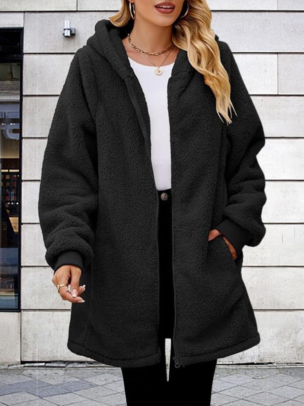  Solid Pocket Zip Up Hooded Coat, Casual Long Sleeve Plush Coat for Fall & Winter, Women's Clothes for Daily Wear