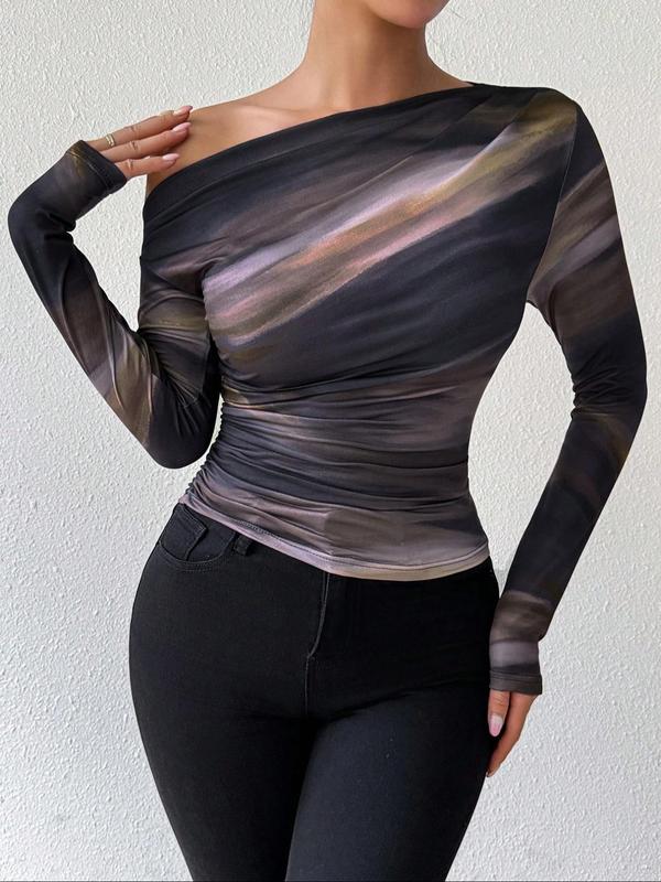 Women's Ombre Print Ruched Asymmetrical Neck Tee, Casual Long Sleeve T-Shirt for Fall & Winter, Women's Clothing for Daily Wear