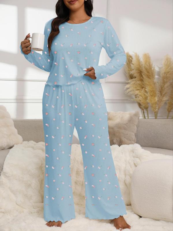  Two-Piece Set Ditsy Floral Print Lettuce Trim Tee & Elastic Waist Pants Pyjama, Casual Comfy Round Neck Long Sleeve Top & Trousers Set, Women's Sleepwear for Spring & Fall