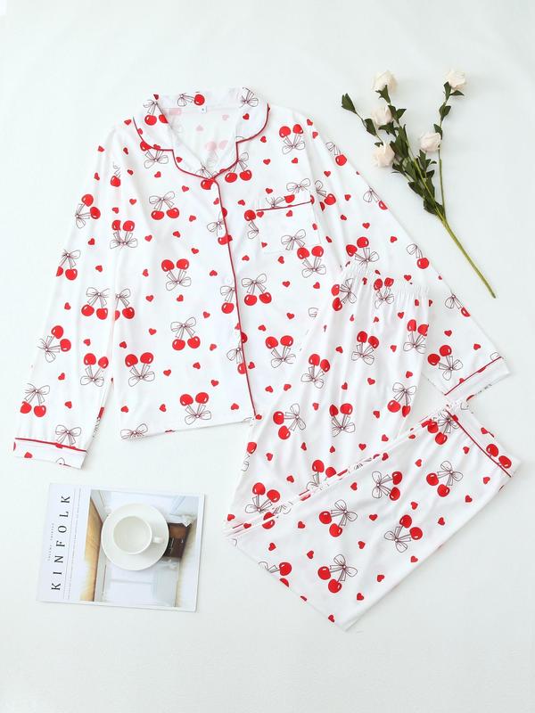 Two-Piece Set Women's Cherry & Heart Print Pocket Lapel Shirt & Elastic Waist Pants Pyjama, Casual Comfy Long Sleeve Button Up Top & Trousers PJ Set, Women's Sleepwear for Spring & Fall