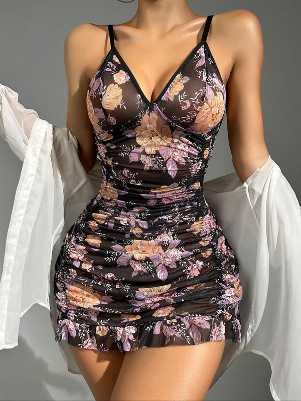 Women's Floral Print Ruched Ruffle Hem Cami Nightdress, Adjustable Spaghetti Strap Backless Mesh Nightgown, Soft Comfortable Sleepwear for Women