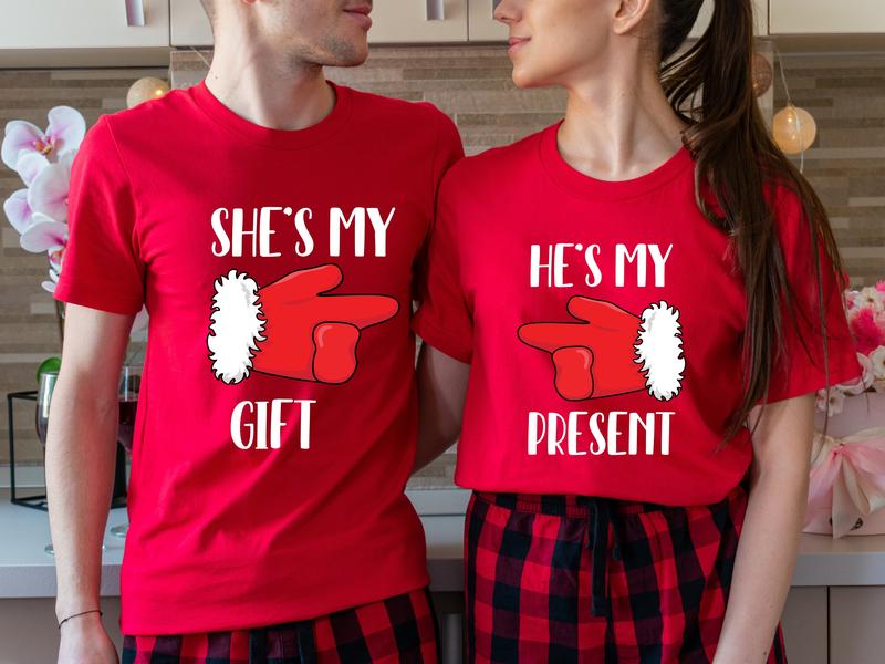 Couples Christmas Party Shirt, She's My Gift Shirt, He's My Present T-Shirt, Husband Wife Christmas Gift Short Sleeve, Funny Matching Boyfriend And Girlfriend Shirt For Holiday.