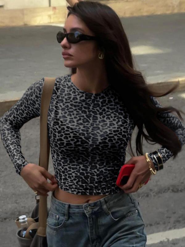 Women's Leopard Print Sheer Crop Tee, Fashion Casual Crew Neck Long Sleeve T-shirt for Daily Outdoor Wear, Women Tops, Vintage Graphic Tees, Fall Outfits, Fallfreshness, Downtown Girl Clothes Longsleeves