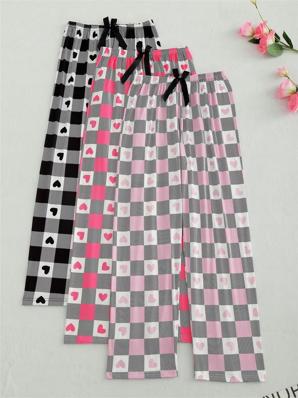 Women's Plaid & Heart Print Bow Decor Pajama Pants, Casual Comfy Elastic Waist Sleep Trousers for Daily Wear, Ladies Sleepwear for All Seasons