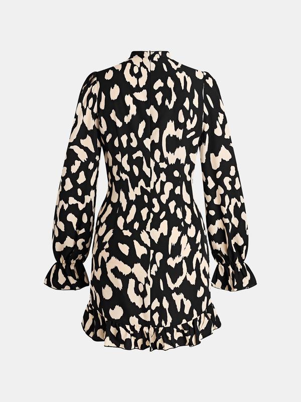 YOZY Christmas Deals, Women's All Over Leopard Print Ruched Ruffle Hem Bodycon Dress, Casual Flounce Sleeve Mock Neck Short Dress for Daily Wear, Christmas 2024 Trend, Fall & Winter Clothes