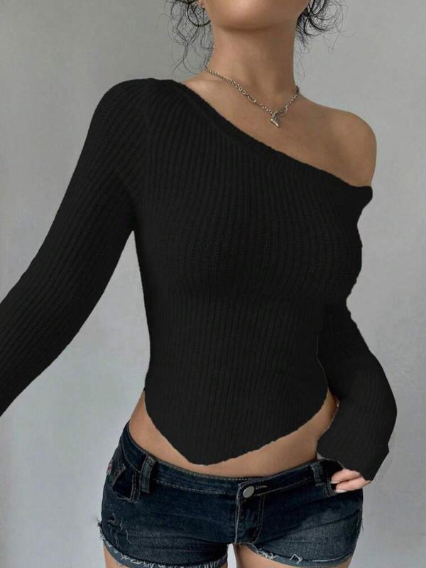 Women's Plain Asymmetrical Neck Crop Sweater, Casual Long Sleeve Asymmetrical Hem Jumper for Spring & Fall, Fashion Women's Knitwear for Daily Wear