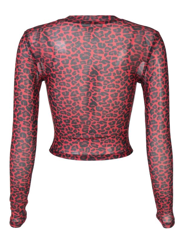 Women's Leopard Print Sheer Crop Tee, Fashion Casual Crew Neck Long Sleeve T-shirt for Daily Outdoor Wear, Women Tops, Vintage Graphic Tees, Fall Outfits, Fallfreshness, Downtown Girl Clothes Longsleeves