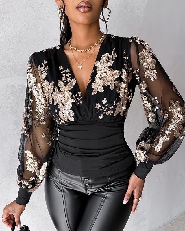 Chicme Floral Sequin Decor Sheer Mesh Top Blouse Fit