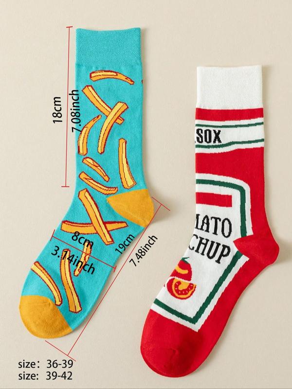 Women's Asymmetrical Colorblock Ketchup French Fries Pattern Ab Crew Socks, 1 Pair Street Graphic Mid-calf Socks for Casual Wear, Fashion Women's Socks for All Seasons