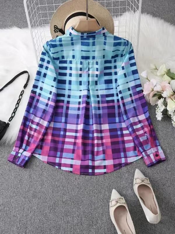 Women's Plaid Print Button Front Shirt, Casual Roll Up Sleeve Pocket Top for Spring & Fall, Going Out Tops, Ladies Clothes for Daily Wear, Birthday Gifts