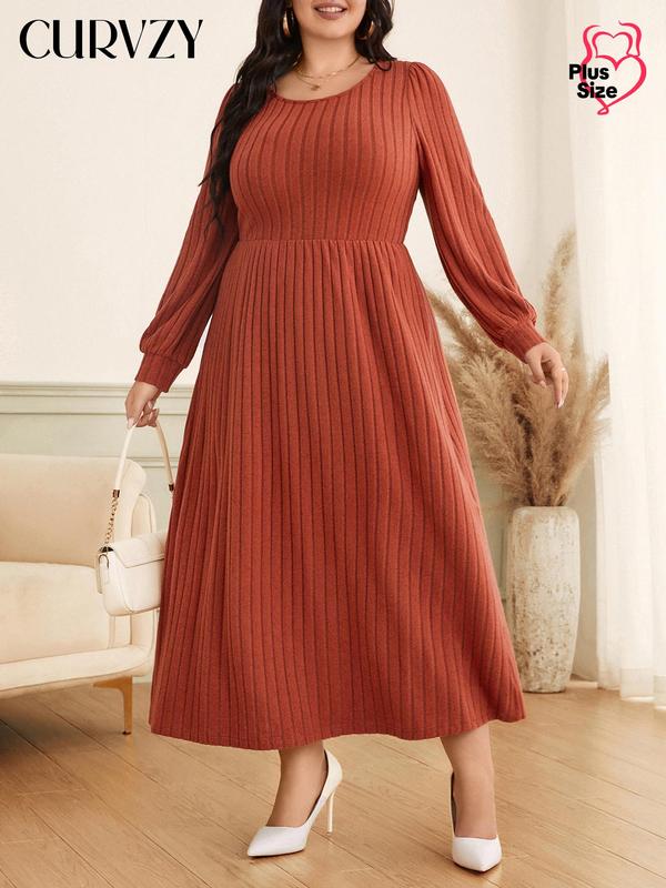 CURVZY Plus Size Solid Bishop Sleeve Ribbed A Line Dress, Casual Long Sleeve Round Neck Dress for Fall & Winter, Women's Clothes for Daily Wear