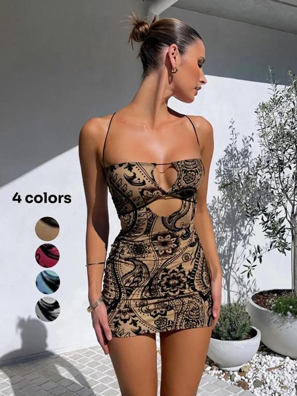 Women's Paisley Print Criss Cross Cut Out Backless Bodycon Cami Dress, Fall Outfits, Boho Spaghetti Strap Mini Dress for Beach Holiday Vacation, Ladies Fall Outfits 2024, Fall Dresses for Women, Birthday Gifts, Hoco Dresses Black Girls Casual Wear