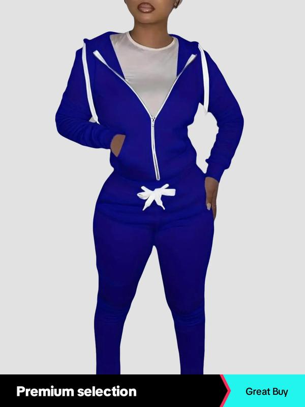 lovelyWholesale Two-Piece Set Women's Plain Drawstring Pocket Zip Up Hoodie & Skinny Sweatpants Sweatsuit Set for Fall, Hooded Sweatshirt & Jogger Trousers, Please Purchase One Size Smaller, Fall Outfits