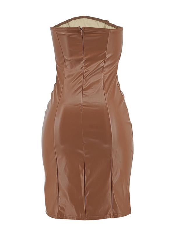 Women's Solid Zipper Back Bodycon PU Leather Tube Dress, Fashionable Strapless Midi Dress for Party Club Dating, Ladies Clothes for All Seasons