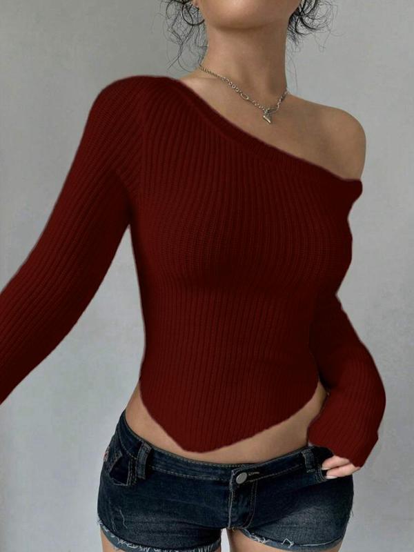 Women's Plain Asymmetrical Neck Crop Sweater, Casual Long Sleeve Asymmetrical Hem Jumper for Spring & Fall, Fashion Women's Knitwear for Daily Wear