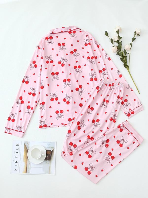 Two-Piece Set Women's Cherry & Heart Print Pocket Lapel Shirt & Elastic Waist Pants Pyjama, Casual Comfy Long Sleeve Button Up Top & Trousers PJ Set, Women's Sleepwear for Spring & Fall