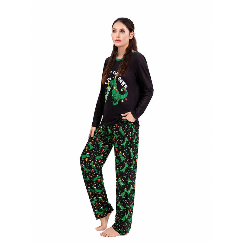 Black Green Matching Christmas Pajamas For Family Black Long Sleeve Letter Print Tops and Dinosaur Print Pants Sleepwear