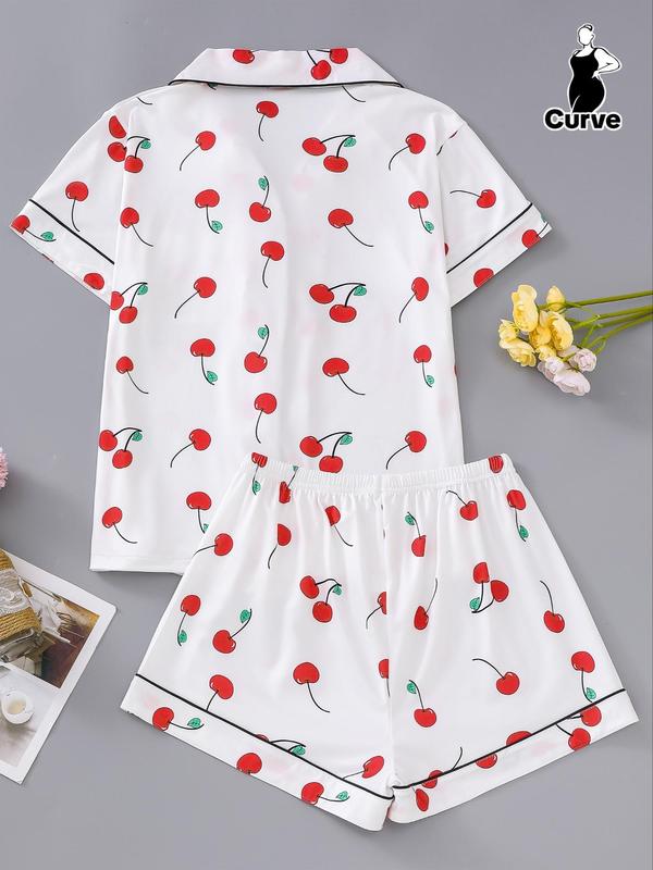  Two-Piece Set Fruits Print Lapel Neck Button Front Pocket Shirt & Shorts Pyjama, Casual Comfy Short Sleeve Top & Elastic Waist Shorts PJ Set, Women's Sleepwear for Summer