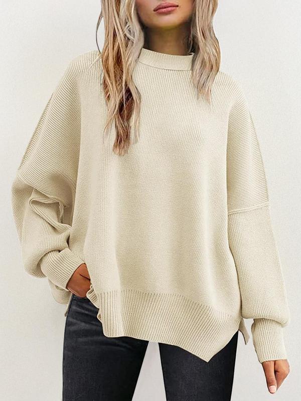 Women's Plain Split Hem Drop Shoulder Sweater, Casual Long Sleeve Round Neck Jumper for Fall & Winter, Fashion Ladies' Knitwear for Daily Wear