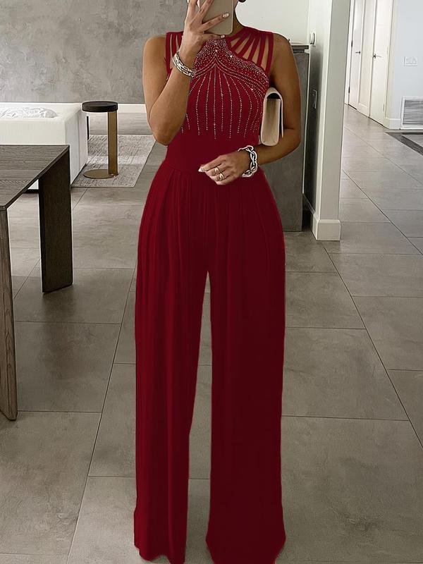 Women's Rhinestone Decor Cut Out  Tank Jumpsuit, Elegant Plicated Round Neck Jumpsuit for Party Holiday Vacation, Ladies Clothes for All Seasons