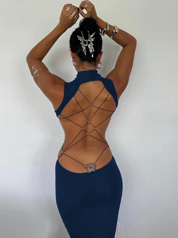 Women's Backless Butterfly Decor Bodycon Dress, Fashionable High Neck O-ring Tank Dress for Party Club Dating Wear, Dresses for Women, Fall Dresses, Ladies Back To School Clothes for Fall, Birthday Dresses 2024