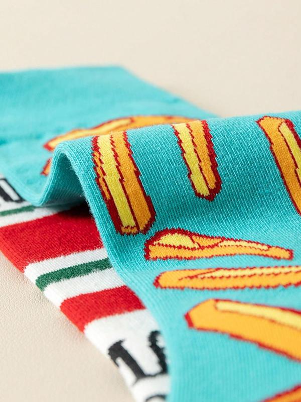 Women's Asymmetrical Colorblock Ketchup French Fries Pattern Ab Crew Socks, 1 Pair Street Graphic Mid-calf Socks for Casual Wear, Fashion Women's Socks for All Seasons