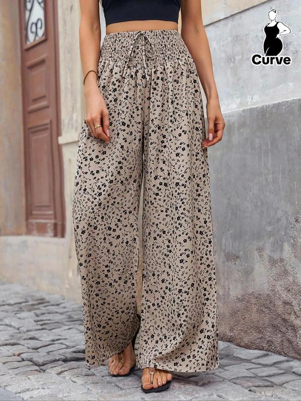  Ditsy Floral Print Tie Front Wide Leg Pants, Boho Shirred High Waist Trousers for Beach Vacation Holiday, Pants for Women, Summer Pants, Women's Bottoms Black Girl Outfits