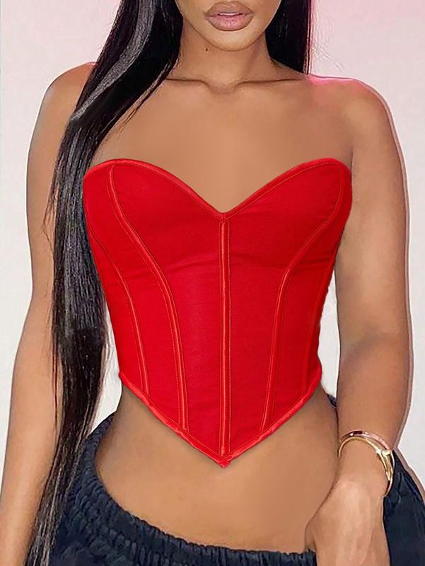 Women's Lace-Up Back Backless Overbust Corset Bodyshaper,Rave Romantic Seam Decor Crop Tube Top for Party Clubwear