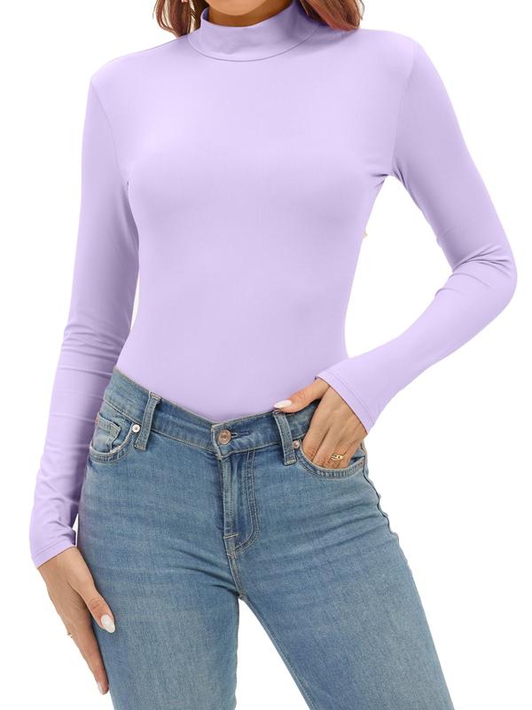 Women's Solid Color Mock Neck Long Sleeve Bodysuit, Basic Casual Comfy Bodysuit for Daily Wear, Ladies Clothes for All Seasons