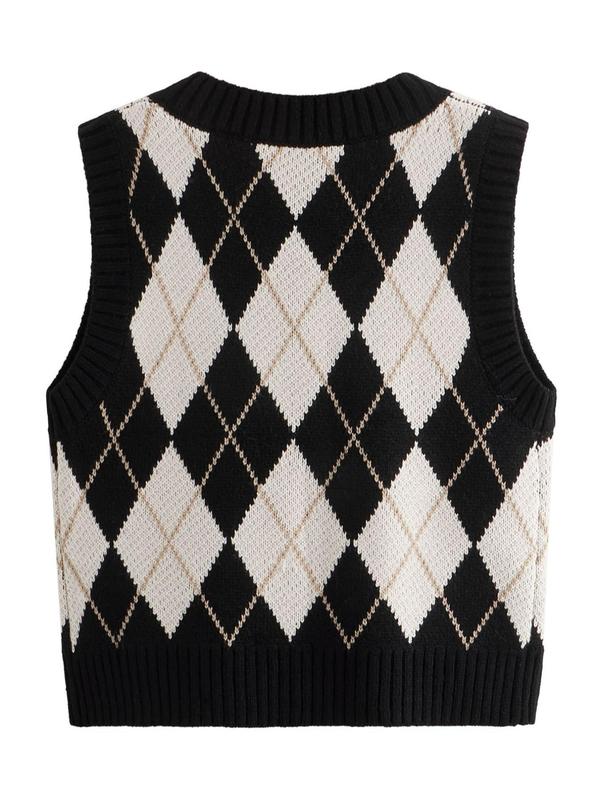 Women's Fitted Argyle Print V Neck Sweater Vest Without Blouse, Casual Geometric Sleeveless Pullover for Fall & Winter, Women's Knitwear Clothing for Daily Wear, Lady's Comfort Knitting Top