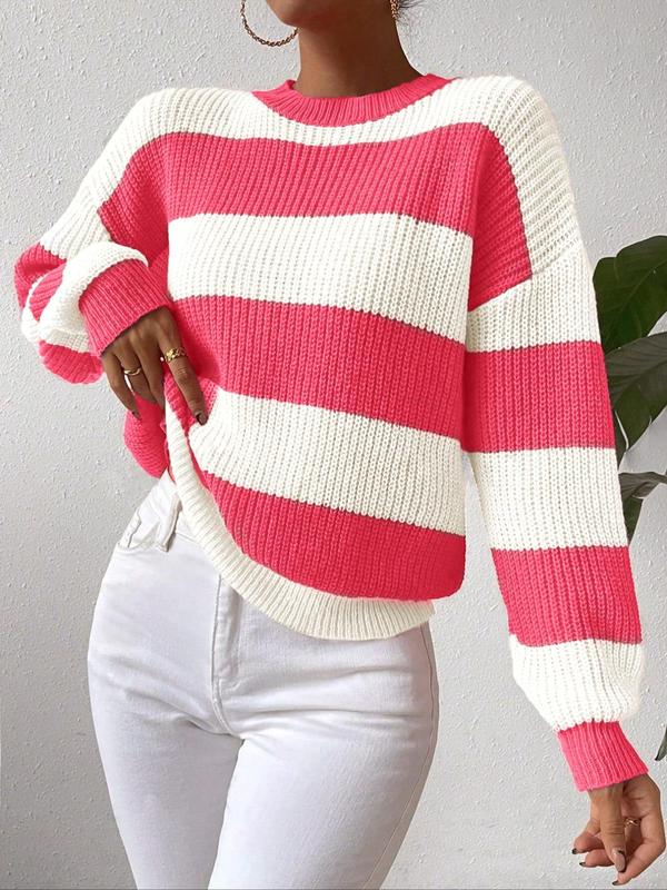 Women's Colorblock Striped Print Drop Shoulder Sweater, Casual Long Sleeve Round Neck Jumper for Fall & Winter, Fashion Ladies' Knitwear for Daily Wear