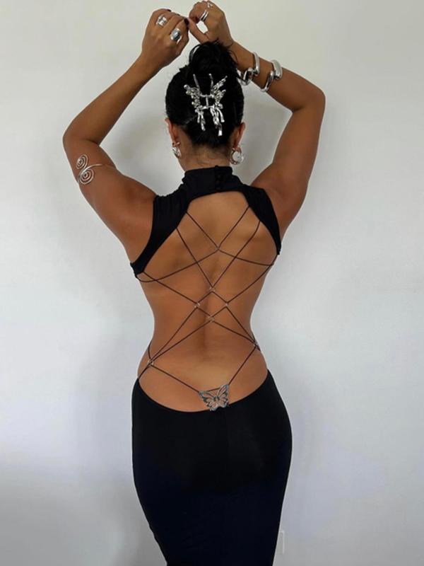 Women's Backless Butterfly Decor Bodycon Dress, Fashionable High Neck O-ring Tank Dress for Party Club Dating Wear, Dresses for Women, Fall Dresses, Ladies Back To School Clothes for Fall, Birthday Dresses 2024