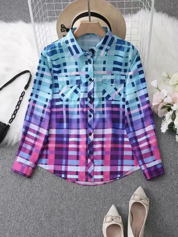 Women's Plaid Print Button Front Shirt, Casual Roll Up Sleeve Pocket Top for Spring & Fall, Going Out Tops, Ladies Clothes for Daily Wear, Birthday Gifts