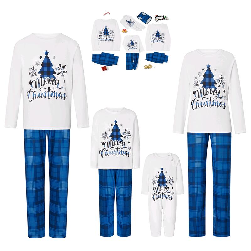 Blue White Matching Christmas Pajamas For Family, Christmas Tree Letter Print Long-Sleeved Tops + Plaid Trousers Sleepwear Outfits