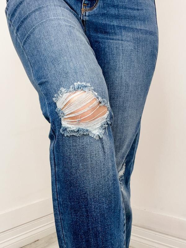 The Madison High Waist Distressed Knee and Fray Hem Straight Jean