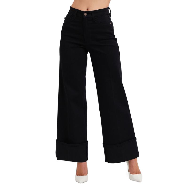 JUDY BLUE HI WAIST BLACK RETRO WIDE LEG JEANS W  CUFF