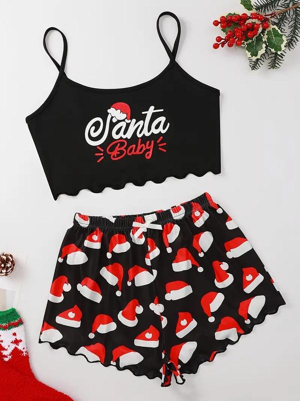 Women's Christmas Hat & Letter Print Pajama Set, Frill Trim Crop Top & Shorts, Relaxed Fit Loungewear for Christmas Nightwear