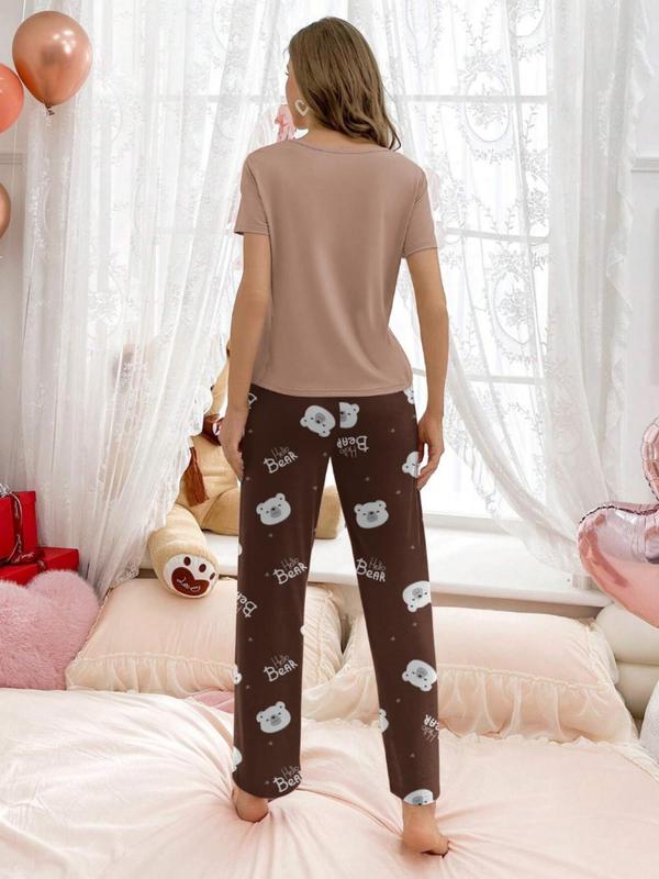 Women's 2pcs Cartoon Bear Print Tee & Elastic Waist Pants Pyjama Set, Casual Comfy Round Neck Short Sleeve T-Shirt & Pocket Trousers PJ Set, Ladies Sleepwear for All Seasons