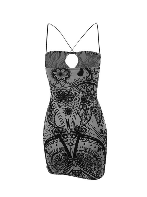 Women's Paisley Print Criss Cross Cut Out Backless Bodycon Cami Dress, Fall Outfits, Boho Spaghetti Strap Mini Dress for Beach Holiday Vacation, Ladies Fall Outfits 2024, Fall Dresses for Women, Birthday Gifts, Hoco Dresses Black Girls Casual Wear