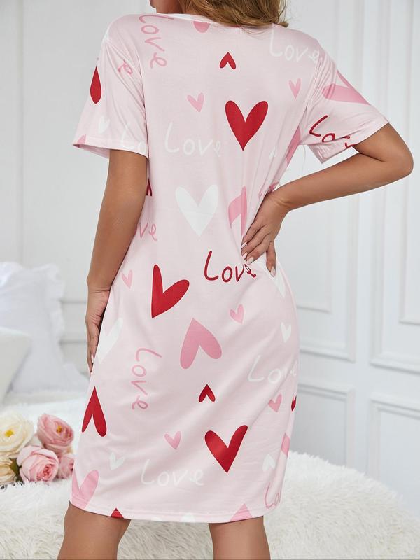 Women's Heart & Letter Print Round Neck Nightdress, Casual Soft Comfortable Short Sleeve Nightgown for Daily Home Wear, Ladies Sleepwear for All Seasons