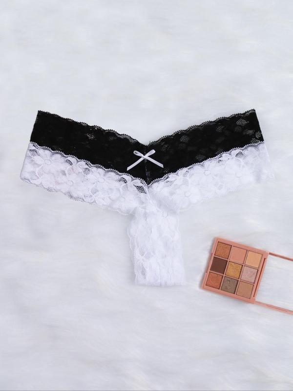 Women's 6pcs Colorblock Bow Decor Lace Panty, Soft Comfy Breathable Drop Waist Sexy Knicker for Daily Wear, Ladies Underwear for All Seasons