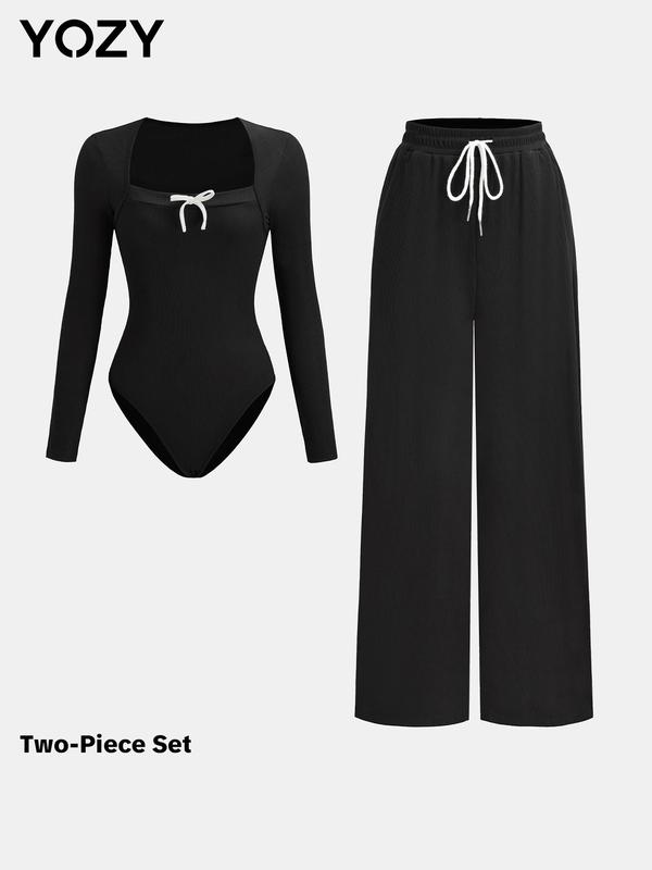 YOZY Women's Solid Ribbed Square Neck Bow Decor Bodysuit & Drawstring Waist Wide Leg Pants Two-piece Set, Casual Long Sleeve Button Closure Crotch Bodysuit & Pocket Trousers for Daily Wear, Ladies Two-piece Outfits for All Seasons